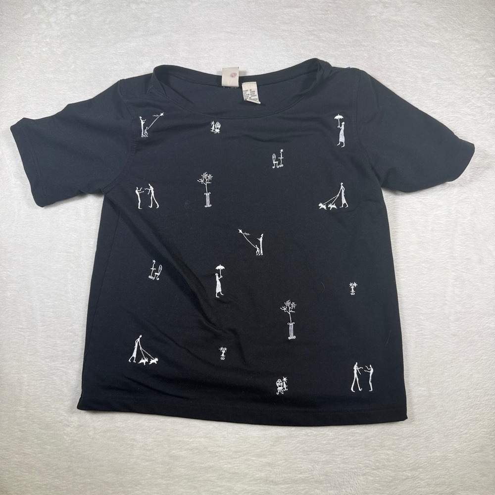 KORET Petite Black‎ Graphic Print Short Sleeve Crew Neck T Shirt Top Size M